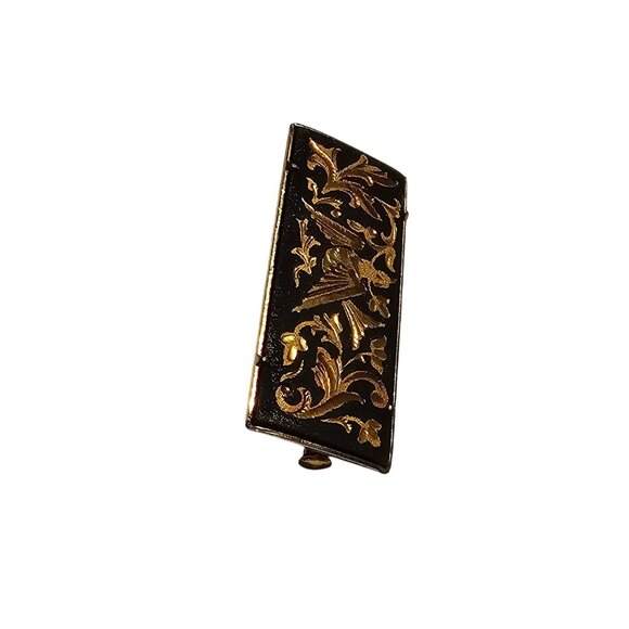 VTG Brooch Gold Plated Black Tone Italian Damascene Floral Bird Rectangular Pin - Picture 2 of 9